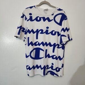 Champion White T-Shirt Blue Logo Size Medium Short Sleeve Athletic 27.5" L